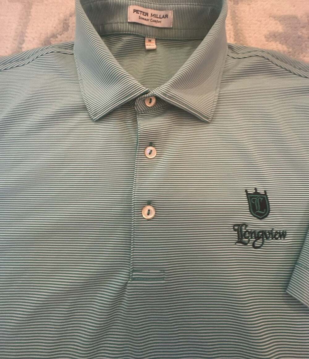 Peter Millar Longview Stripe Performance Polo Shirt Men's Size Medium Green & Wh